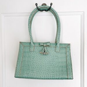 Vintage Liz Claiborne Y2K Teal Croc-Embossed Spring Handbag Bow Tassel Detail